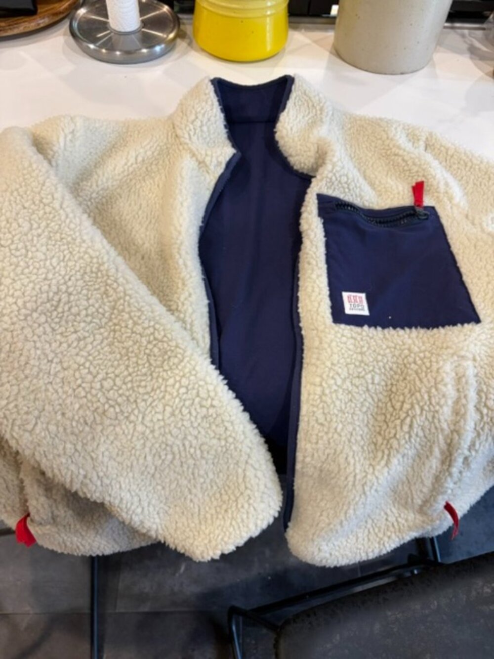 Topo Designs Sherpa Fleece Jacket Cream Navy Men’s Large L